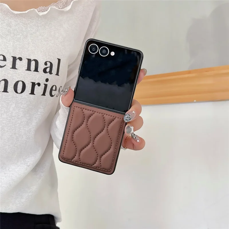 For Samsung Galaxy Z Flip7 5G Ripple Puffer PU PC Case Foldable Phone Cover with Pearl Bracelet - Dark Brown