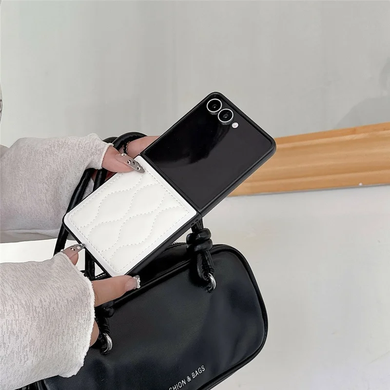 For Samsung Galaxy Z Flip7 5G Ripple Puffer PU PC Case Foldable Phone Cover with Pearl Bracelet - Dark Brown