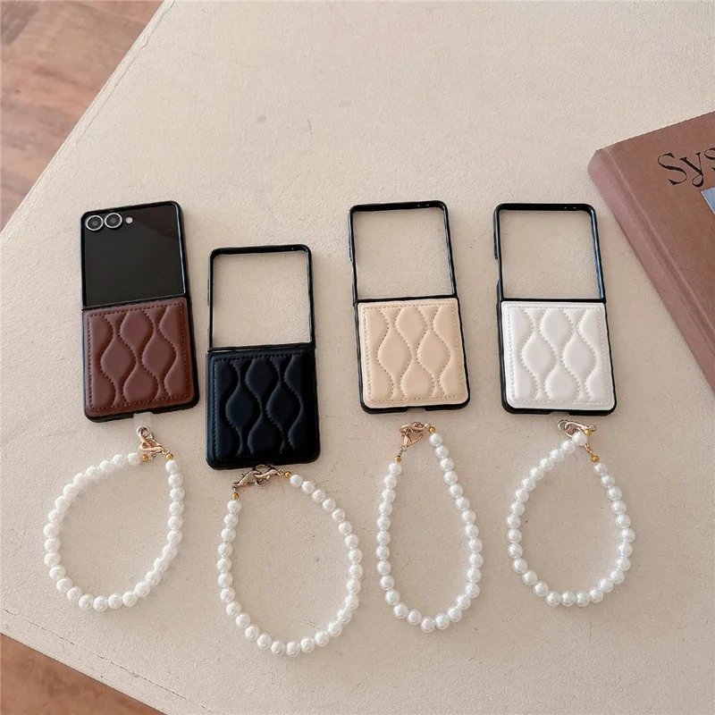 For Samsung Galaxy Z Flip7 5G Ripple Puffer PU PC Case Foldable Phone Cover with Pearl Bracelet - Dark Brown