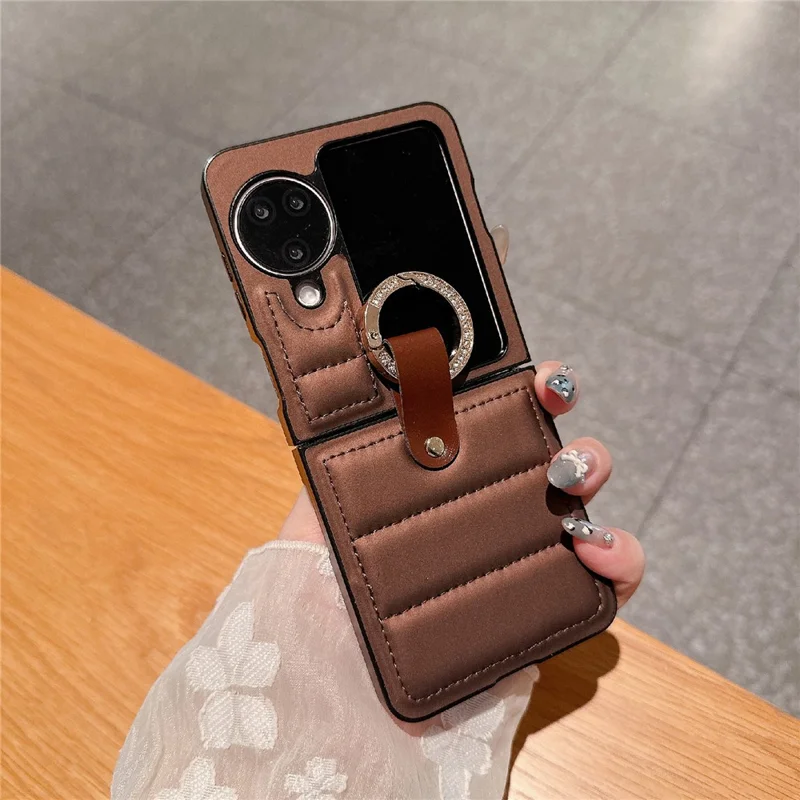 For Oppo Find N3 Flip 5G Case Down Jacket Style Rhinestone Decor Ring Holder Leather Coated PC Phone Cover - Dark Brown