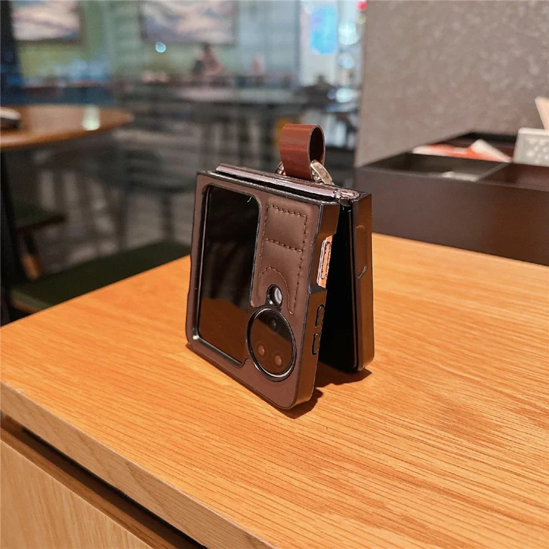 For Oppo Find N3 Flip 5G Case Down Jacket Style Rhinestone Decor Ring Holder Leather Coated PC Phone Cover - Dark Brown