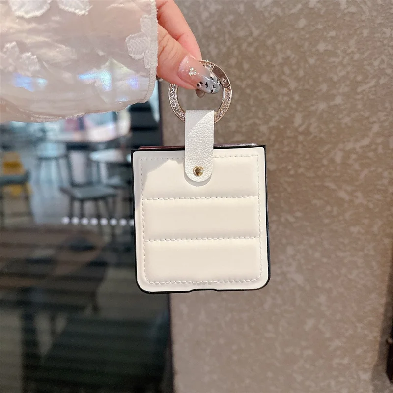 For Oppo Find N3 Flip 5G Case Down Jacket Style Rhinestone Decor Ring Holder Leather Coated PC Phone Cover - Dark Brown