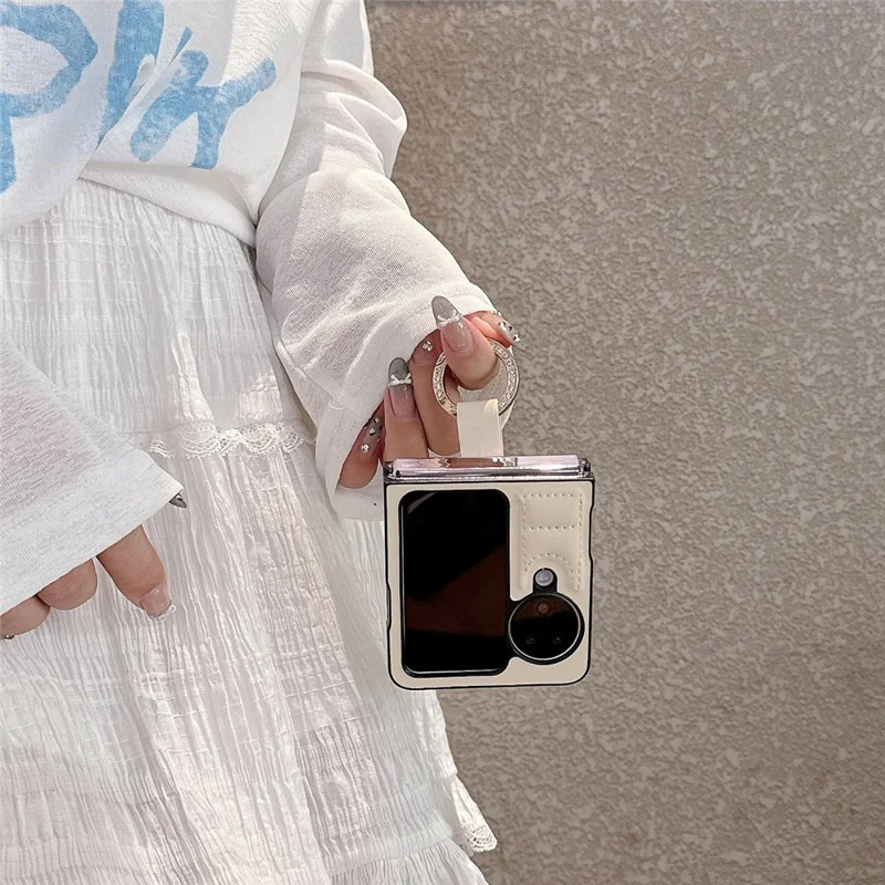 For Oppo Find N3 Flip 5G Case Down Jacket Style Rhinestone Decor Ring Holder Leather Coated PC Phone Cover - Dark Brown