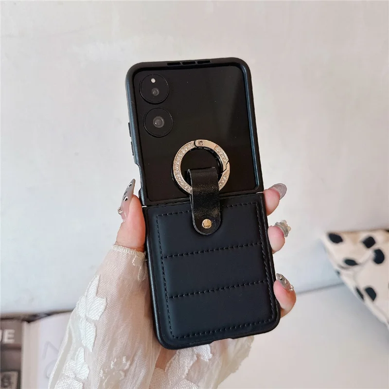 Til Xiaomi Mix Flip 2 Skåle Skåle Nedjakkestil Strassdekoreret Ringeholder Læderbelagt PC-telefondæksel - Sort