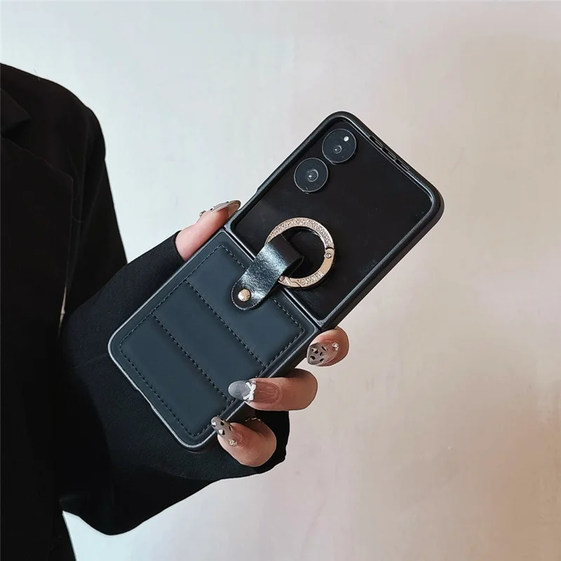 Til Xiaomi Mix Flip 2 Skåle Skåle Nedjakkestil Strassdekoreret Ringeholder Læderbelagt PC-telefondæksel - Sort