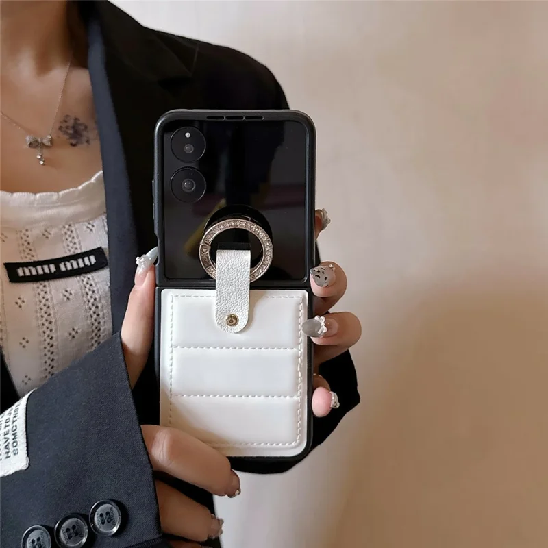 Til Xiaomi Mix Flip 2 Skåle Skåle Nedjakkestil Strassdekoreret Ringeholder Læderbelagt PC-telefondæksel - Sort