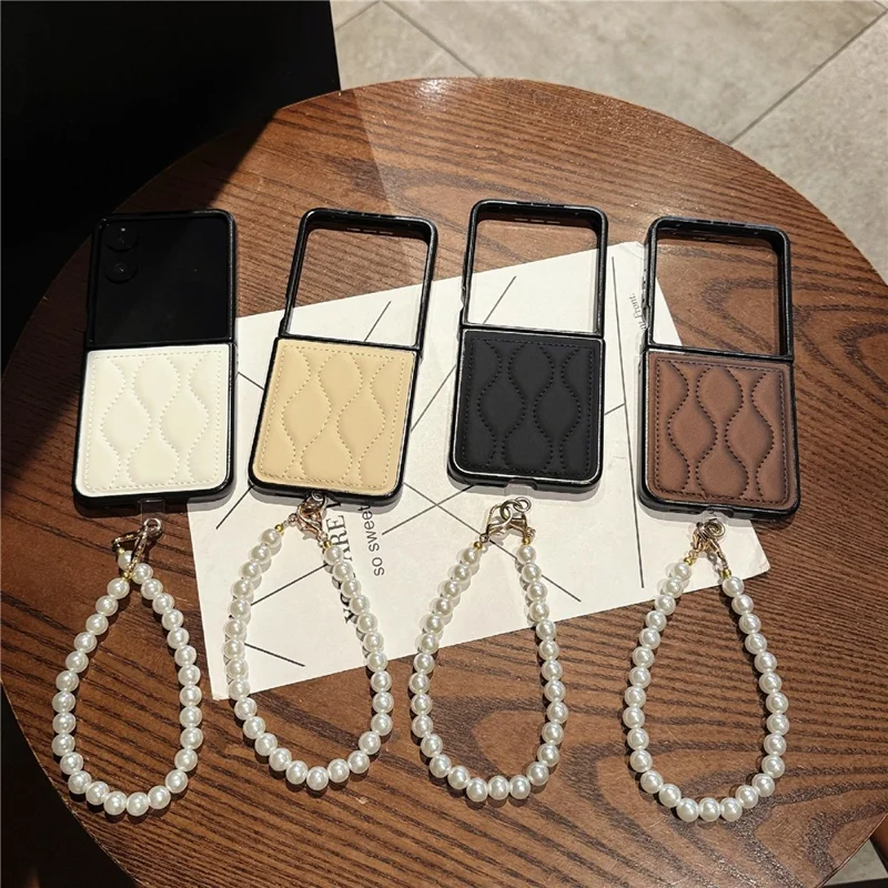 For Xiaomi Mix Flip 2 Ripple Puffer PU PC Case Foldable Phone Cover with Pearl Bracelet - White