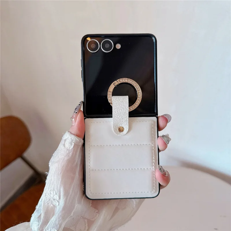 For Samsung Galaxy Z Flip7 5G Case Case Down Jacket Style Rhinestone Decor Ring Holder Leather Coated PC Phone Cover - White