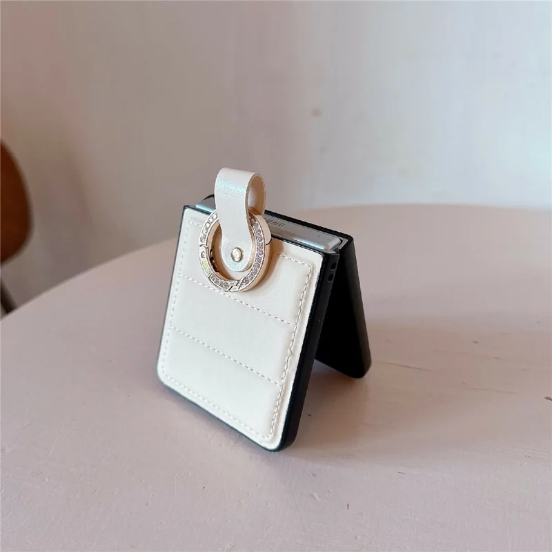 For Samsung Galaxy Z Flip7 5G Case Case Down Jacket Style Rhinestone Decor Ring Holder Leather Coated PC Phone Cover - White