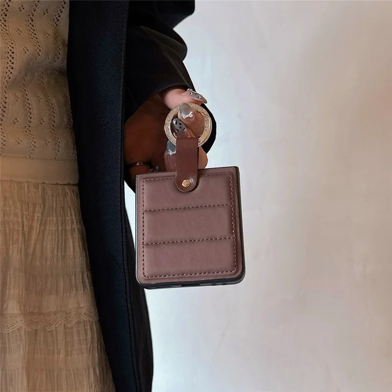 For Samsung Galaxy Z Flip7 5G Case Case Down Jacket Style Rhinestone Decor Ring Holder Leather Coated PC Phone Cover - White