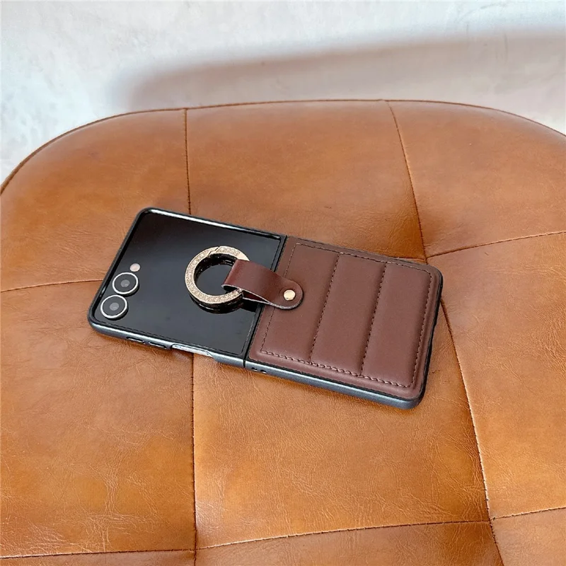 For Samsung Galaxy Z Flip7 5G Case Case Down Jacket Style Rhinestone Decor Ring Holder Leather Coated PC Phone Cover - White