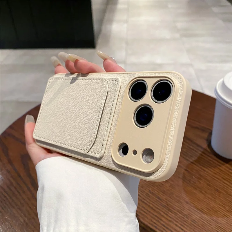 For iPhone 17 Pro Max Case Solid Color PU Leather TPU Card Holder Phone Cover - White U-shaped Card Holder