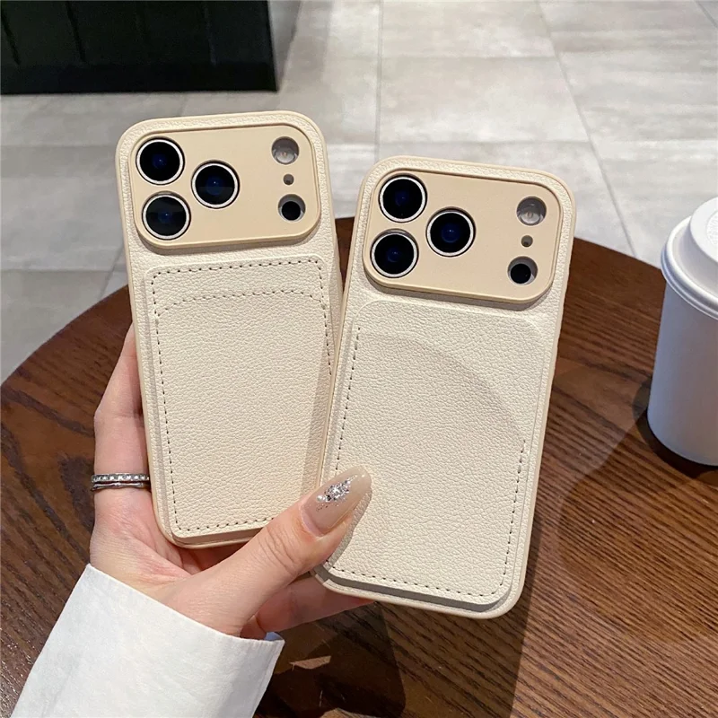 For iPhone 17 Pro Max Case Solid Color PU Leather TPU Card Holder Phone Cover - White U-shaped Card Holder