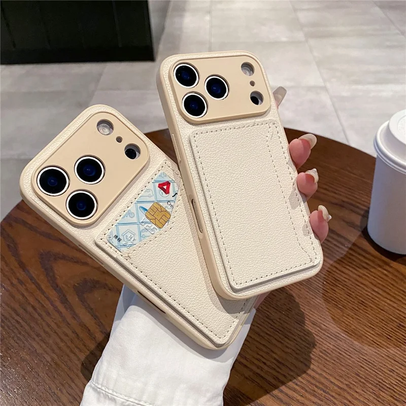 For iPhone 17 Pro Max Case Solid Color PU Leather TPU Card Holder Phone Cover - White U-shaped Card Holder