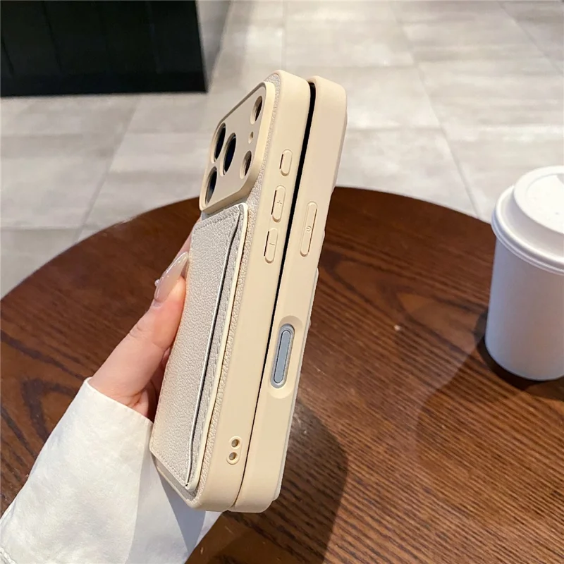 For iPhone 17 Pro Max Case Solid Color PU Leather TPU Card Holder Phone Cover - White U-shaped Card Holder