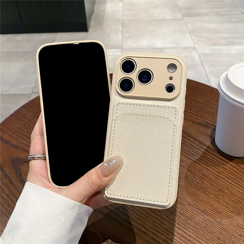 For iPhone 17 Pro Max Case Solid Color PU Leather TPU Card Holder Phone Cover - White U-shaped Card Holder