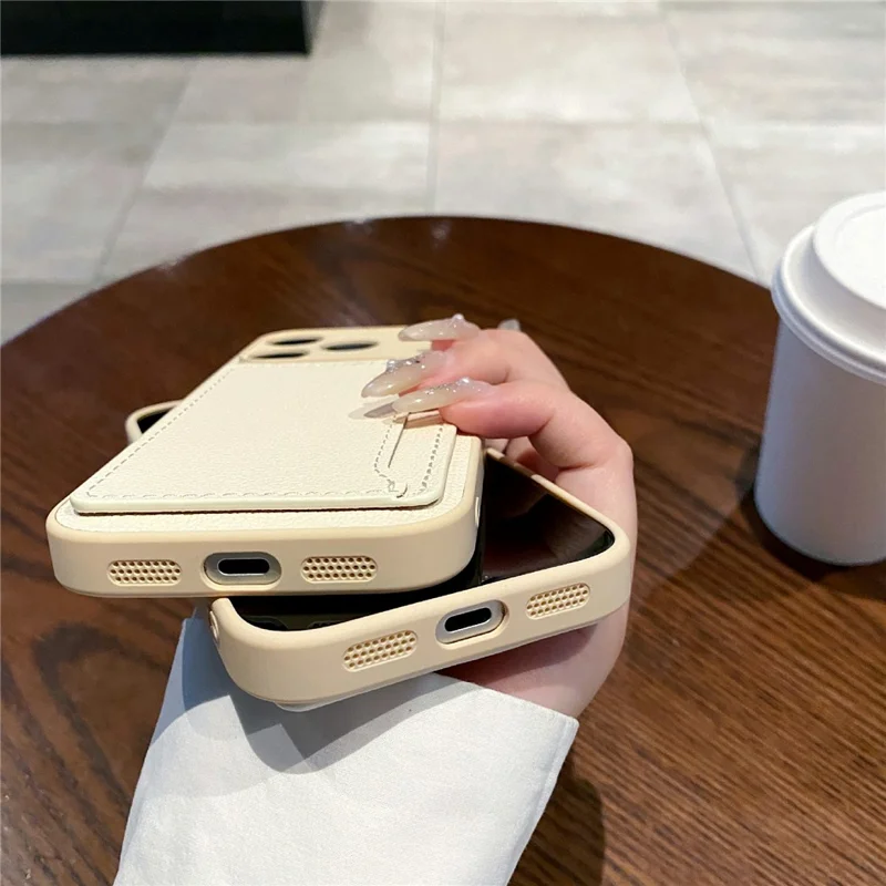 For iPhone 17 Pro Max Case Solid Color PU Leather TPU Card Holder Phone Cover - White U-shaped Card Holder