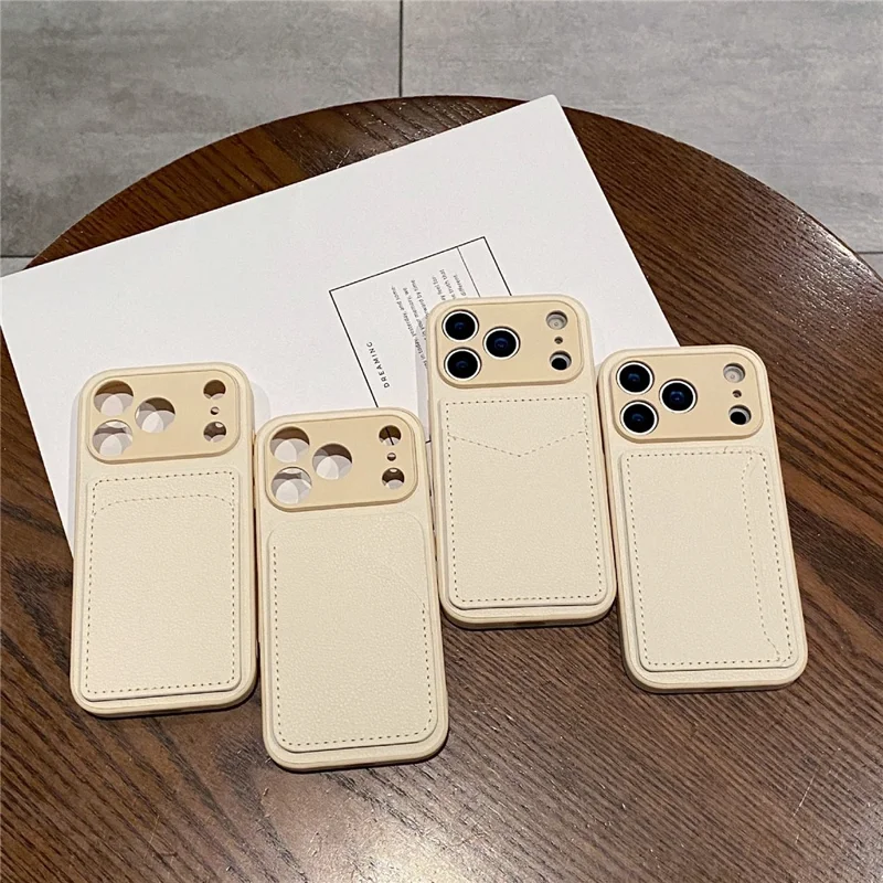 For iPhone 17 Pro Max Case Solid Color PU Leather TPU Card Holder Phone Cover - White U-shaped Card Holder