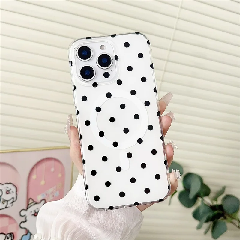 For iPhone 16 Pro Case Polka Dot Pattern TPU + PC Phone Cover Compatible with MagSafe - White