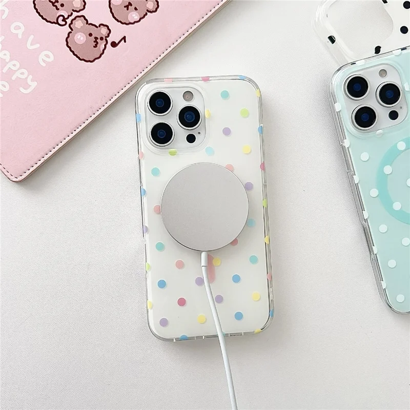 For iPhone 16 Pro Case Polka Dot Pattern TPU + PC Phone Cover Compatible with MagSafe - White