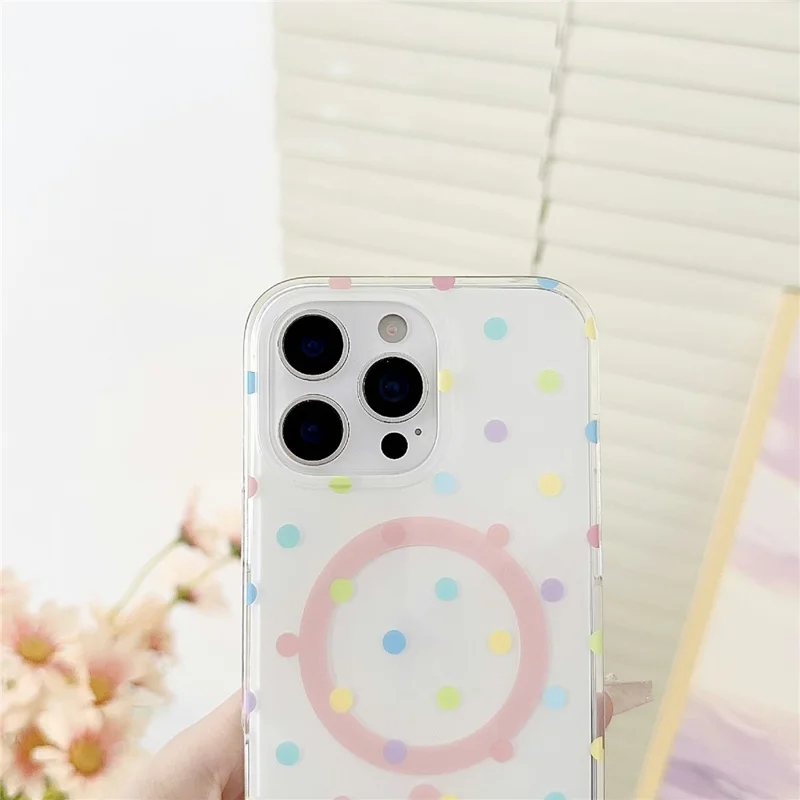 For iPhone 16 Pro Case Polka Dot Pattern TPU + PC Phone Cover Compatible with MagSafe - White
