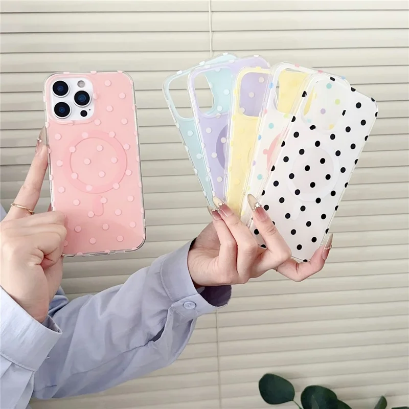 For iPhone 16 Pro Case Polka Dot Pattern TPU + PC Phone Cover Compatible with MagSafe - White