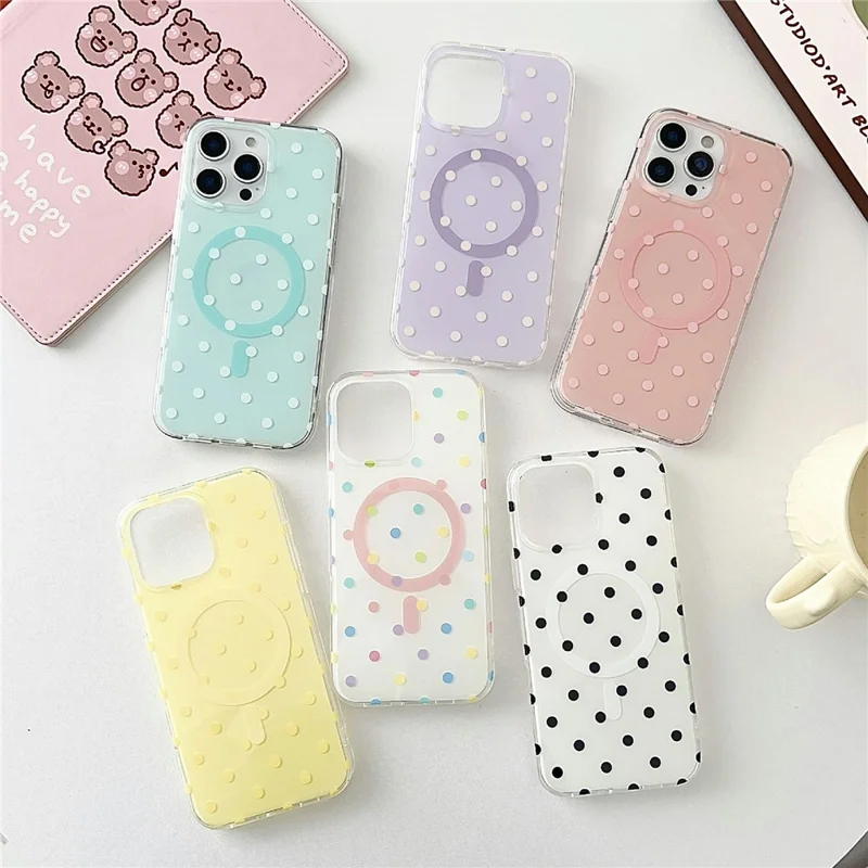 For iPhone 16 Pro Case Polka Dot Pattern TPU + PC Phone Cover Compatible with MagSafe - White