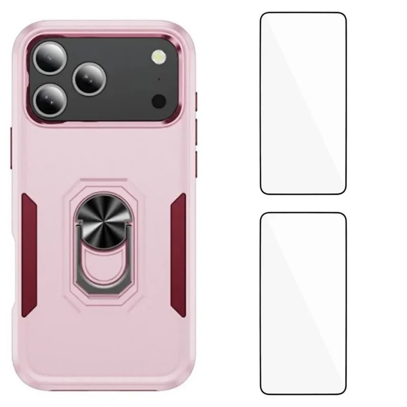 WANLONFENG KT Series For iPhone 17 Pro Case PC TPU Kickstand Phone Cover with 2 Tempered Glass Films - Pink