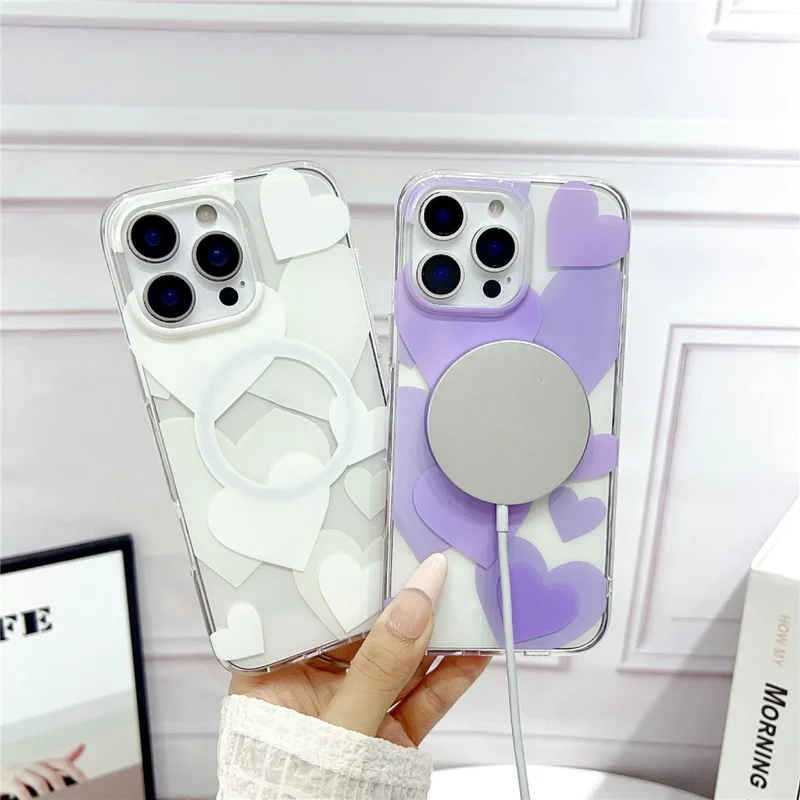 For iPhone 16 Pro Case Heart Pattern TPU + PC Protective Phone Cover Compatible with MagSafe - Blue