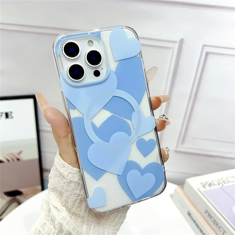 For iPhone 16 Pro Max Case Heart Pattern TPU + PC Protective Phone Cover Compatible with MagSafe - Blue