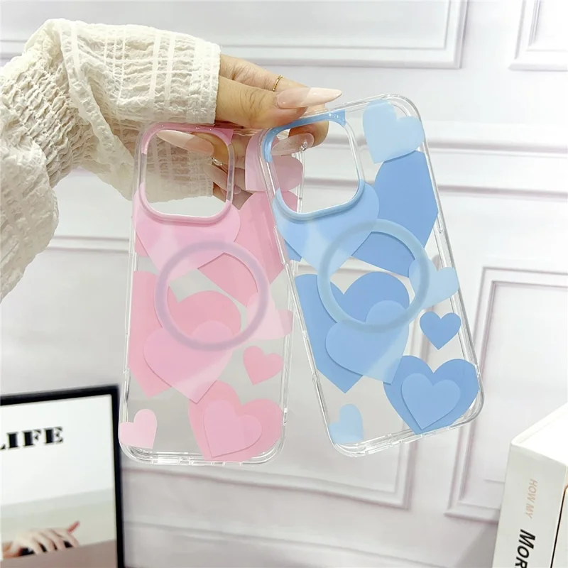 For iPhone 16 Pro Max Case Heart Pattern TPU + PC Protective Phone Cover Compatible with MagSafe - Blue