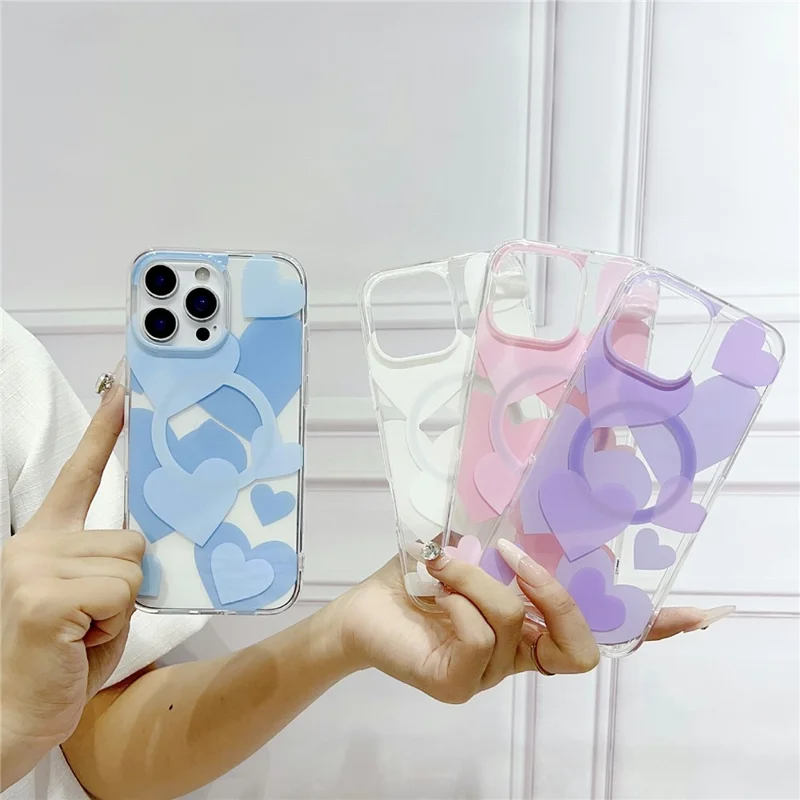 For iPhone 16 Pro Max Case Heart Pattern TPU + PC Protective Phone Cover Compatible with MagSafe - Blue