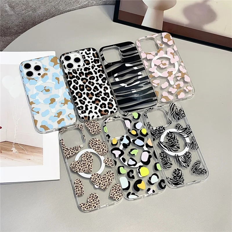 For iPhone 16 Pro Magnetic Case Hollow Leopard Print Design TPU PC Phone Back Cover - Style 6