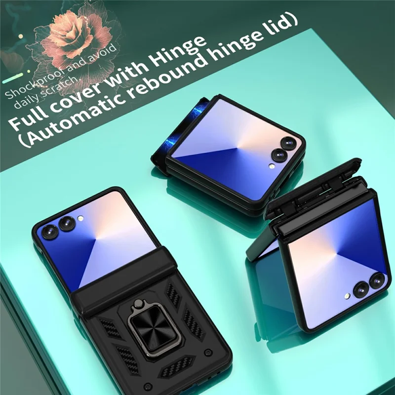 Compra em Massa para Capa Samsung Galaxy Z Flip7 5G com Anel de Suporte, Proteção de Dobradiça, Capa de Telefone em PC TPU - Preta