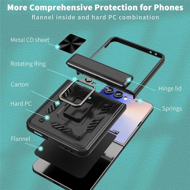 Compra em Massa para Capa Samsung Galaxy Z Flip7 5G com Anel de Suporte, Proteção de Dobradiça, Capa de Telefone em PC TPU - Preta
