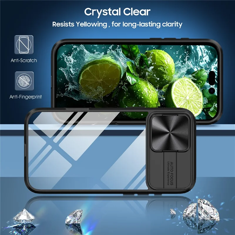 For iPhone 17 Case TPU + PC Clear Phone Cover with CD-Veins Camera Lens Sliding Lid - Black