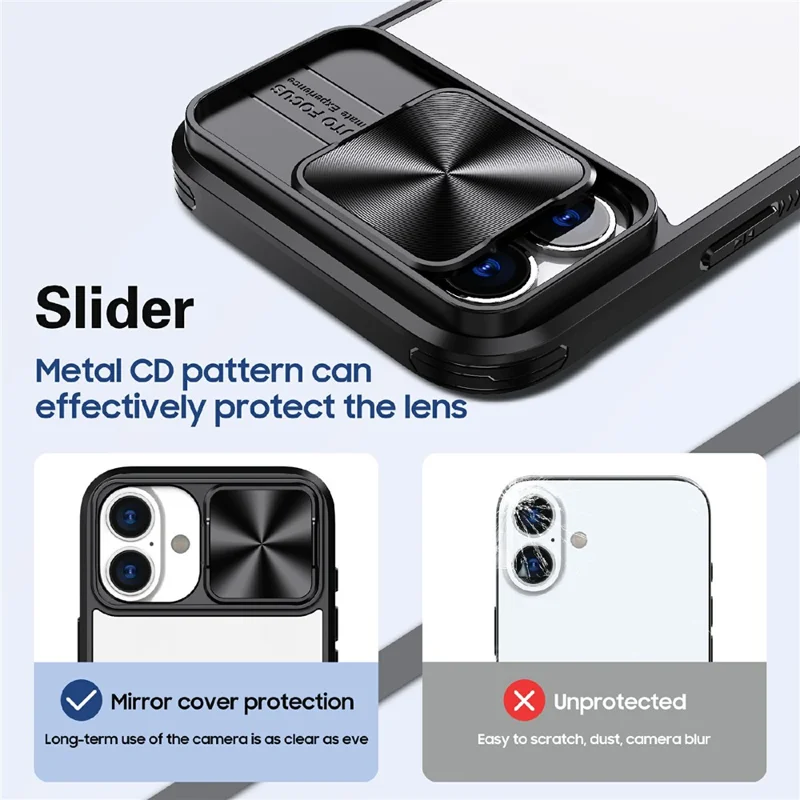 For iPhone 17 Case TPU + PC Clear Phone Cover with CD-Veins Camera Lens Sliding Lid - Black