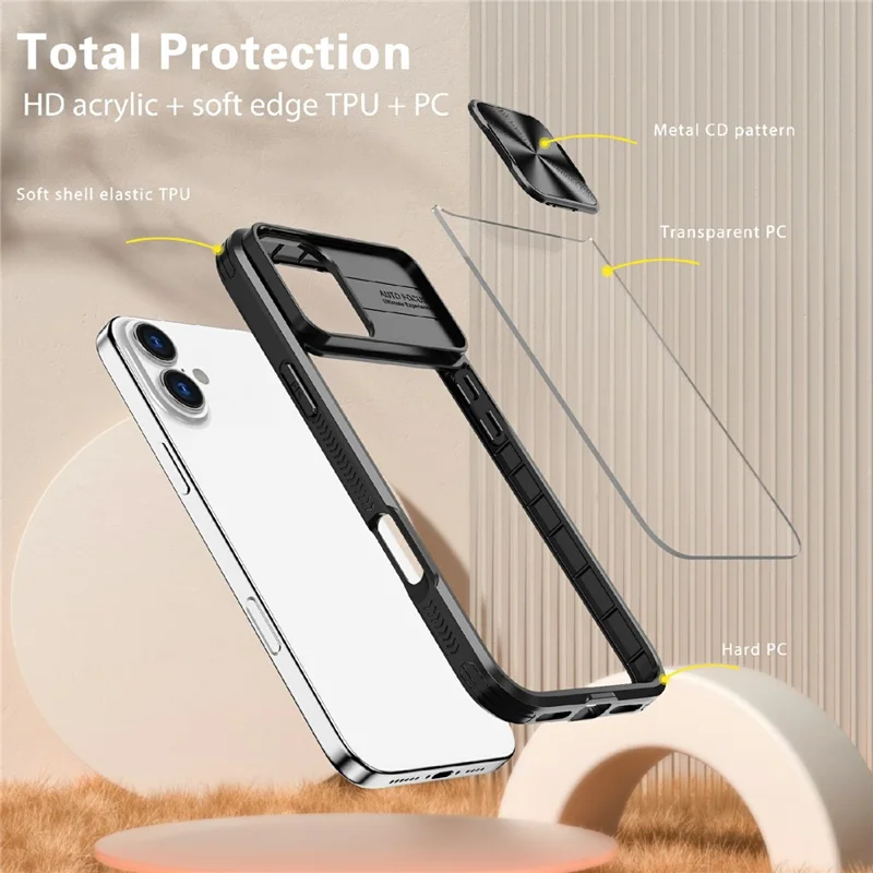 For iPhone 17 Case TPU + PC Clear Phone Cover with CD-Veins Camera Lens Sliding Lid - Black