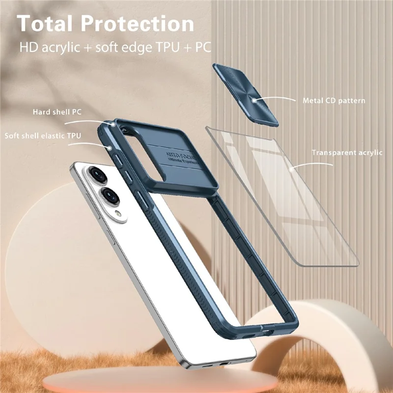 For Samsung Galaxy S25 Edge Case TPU + PC Clear Phone Cover with CD-Veins Camera Lens Sliding Lid - Navy Blue