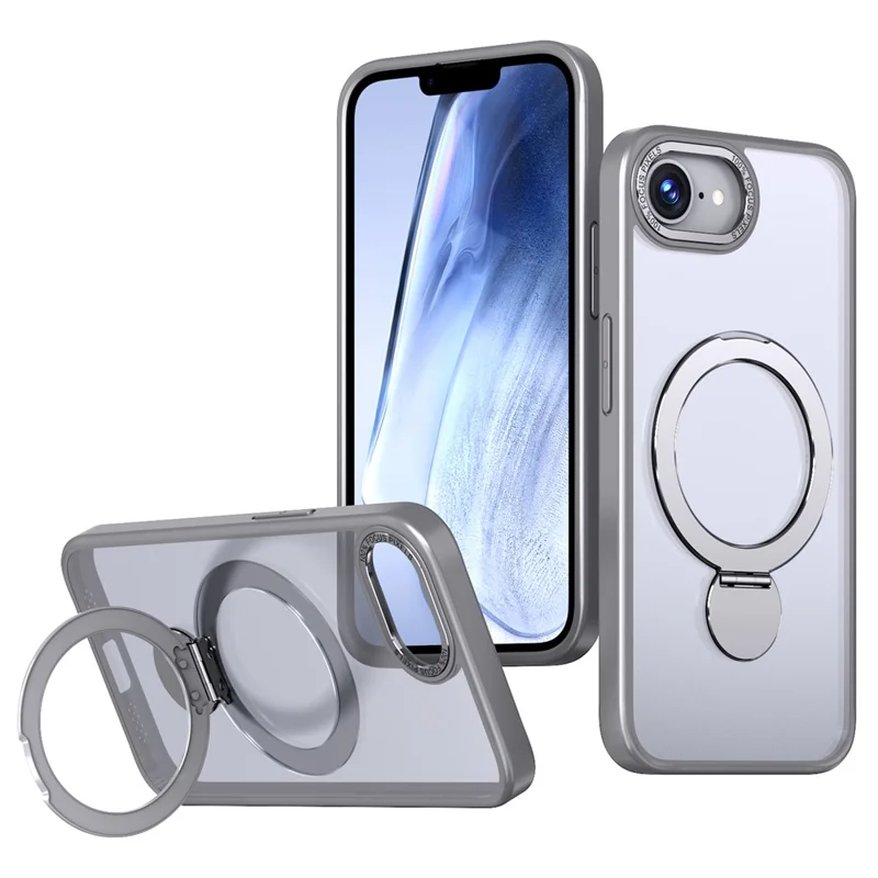 For iPhone 16e Case Compatible with MagSafe Ring Kickstand TPU PC Clear Phone Back Cover - Titanium Grey