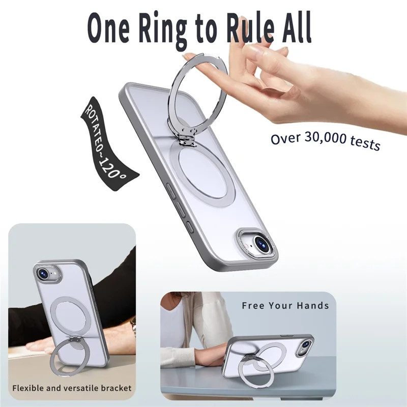 For iPhone 16e Case Compatible with MagSafe Ring Kickstand TPU PC Clear Phone Back Cover - Titanium Grey