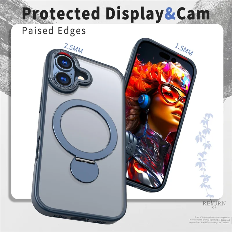 For iPhone 17 Case Compatible with MagSafe Ring Kickstand TPU PC Clear Phone Back Cover - Blue