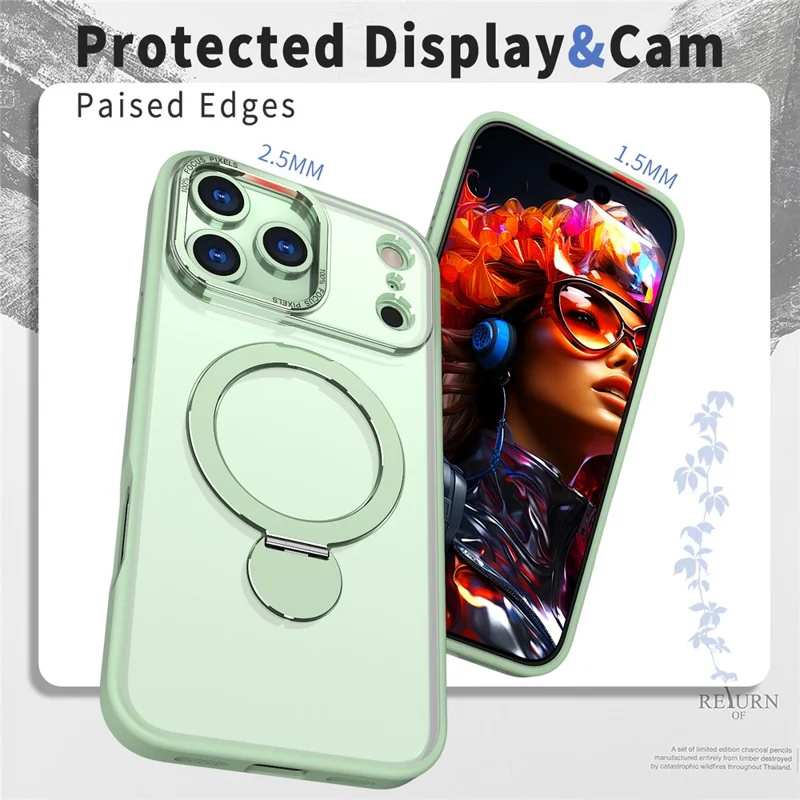 Capa Compatível com iPhone 17 Pro Max com Anel MagSafe, Suporte Retrátil, Capa Traseira de PC Transparente - Verde