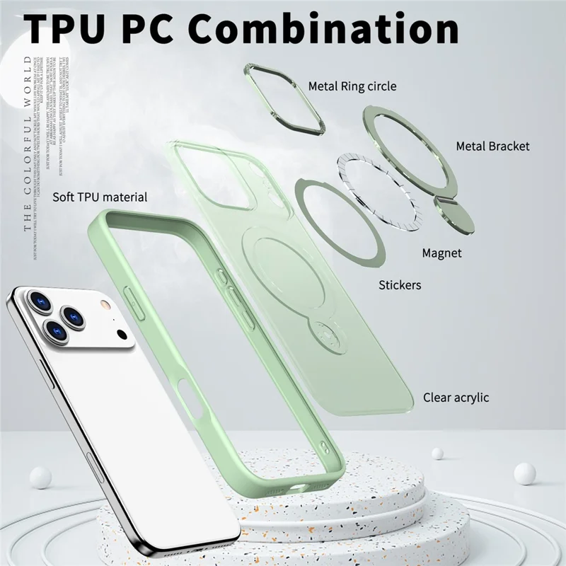 Capa Compatível com iPhone 17 Pro Max com Anel MagSafe, Suporte Retrátil, Capa Traseira de PC Transparente - Verde