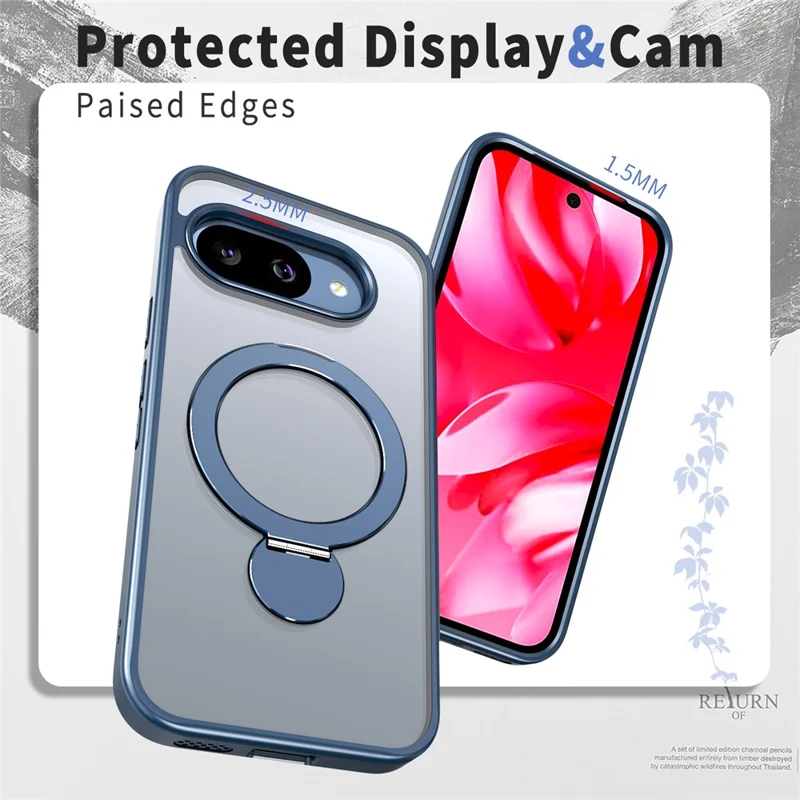 Чехол для Google Pixel 9a, совместимый с кольцом MagSafe, с подставкой из ТПУ и ПК, прозрачной задней панелью - синий