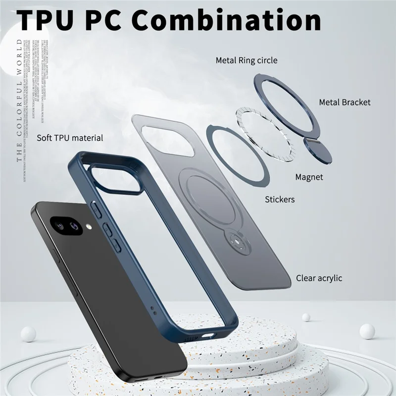 Чехол для Google Pixel 9a, совместимый с кольцом MagSafe, с подставкой из ТПУ и ПК, прозрачной задней панелью - синий