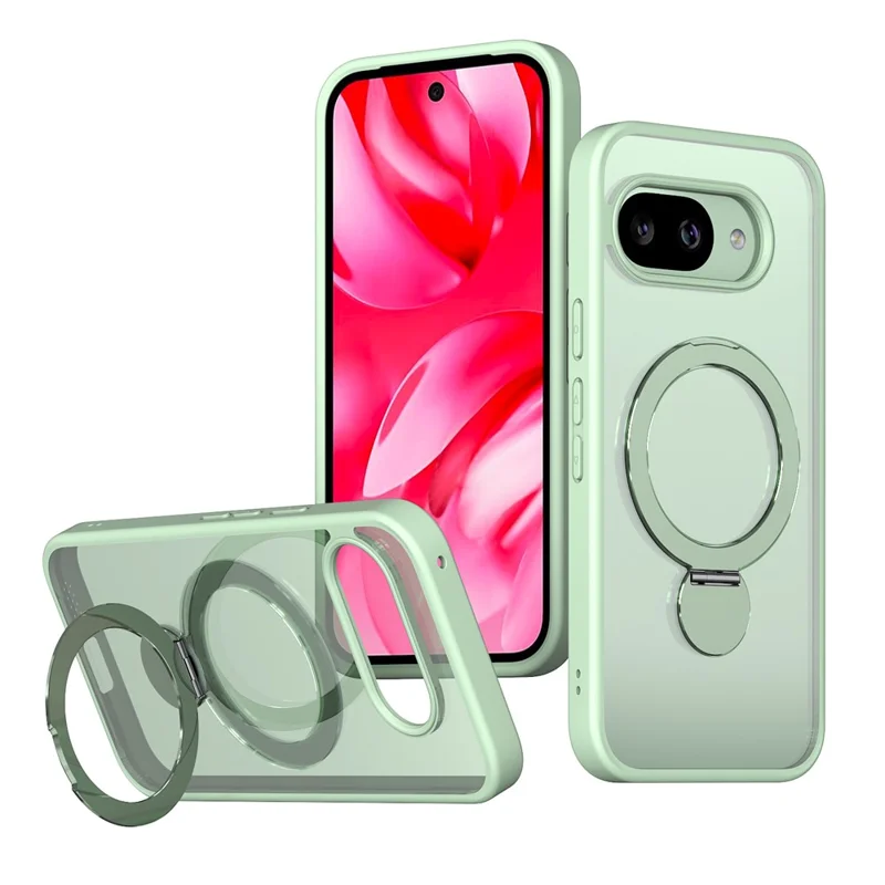 For Google Pixel 9a Magnetic Case Ring Kickstand TPU PC Clear Phone Back Cover - Green