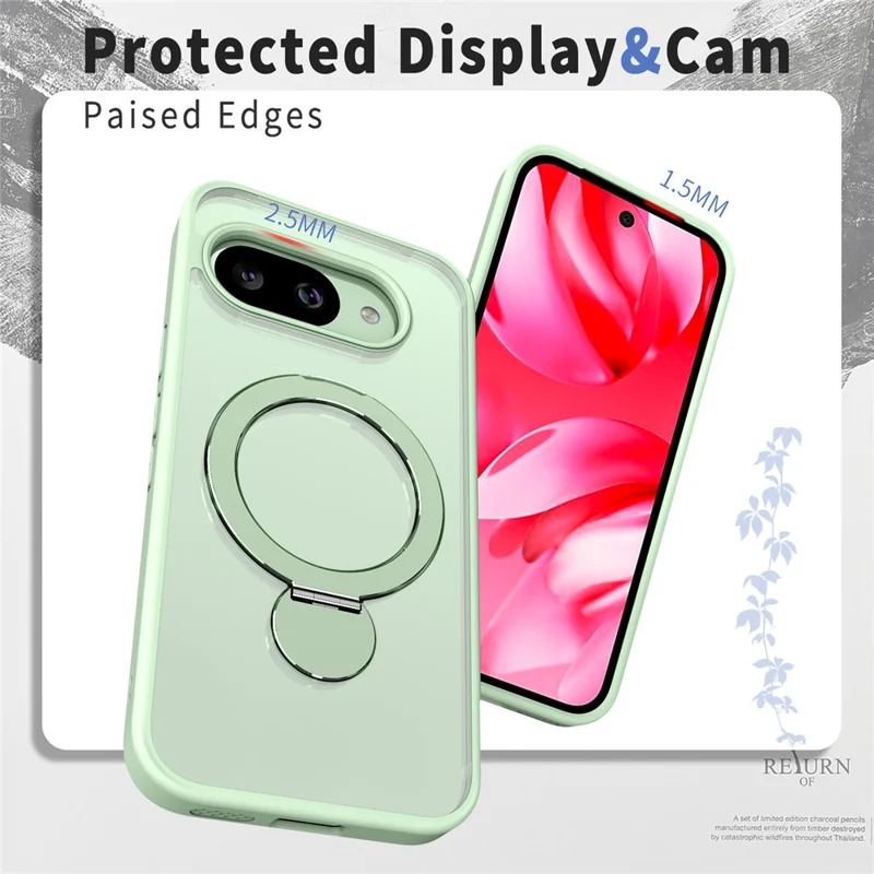 For Google Pixel 9a Magnetic Case Ring Kickstand TPU PC Clear Phone Back Cover - Green