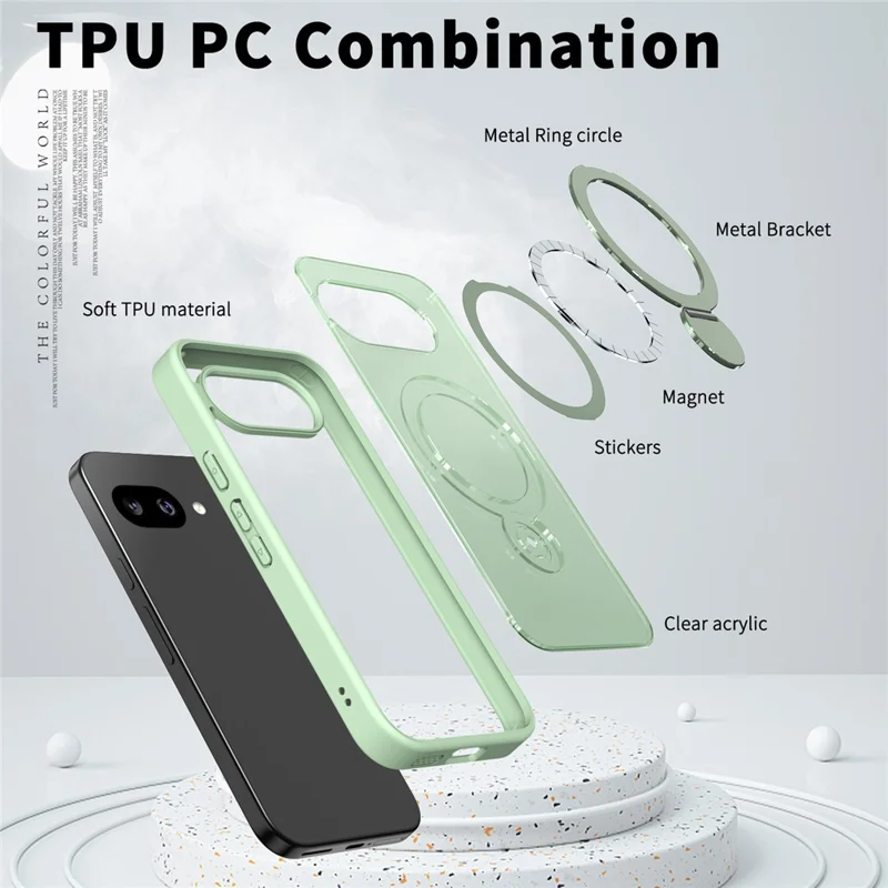 For Google Pixel 9a Magnetic Case Ring Kickstand TPU PC Clear Phone Back Cover - Green