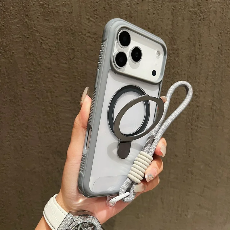 Capa para iPhone 17 Pro Compatível com MagSafe Suporte Dobrável Capa Traseira de PC TPU Transparente com Alça de Pulso - Cinza
